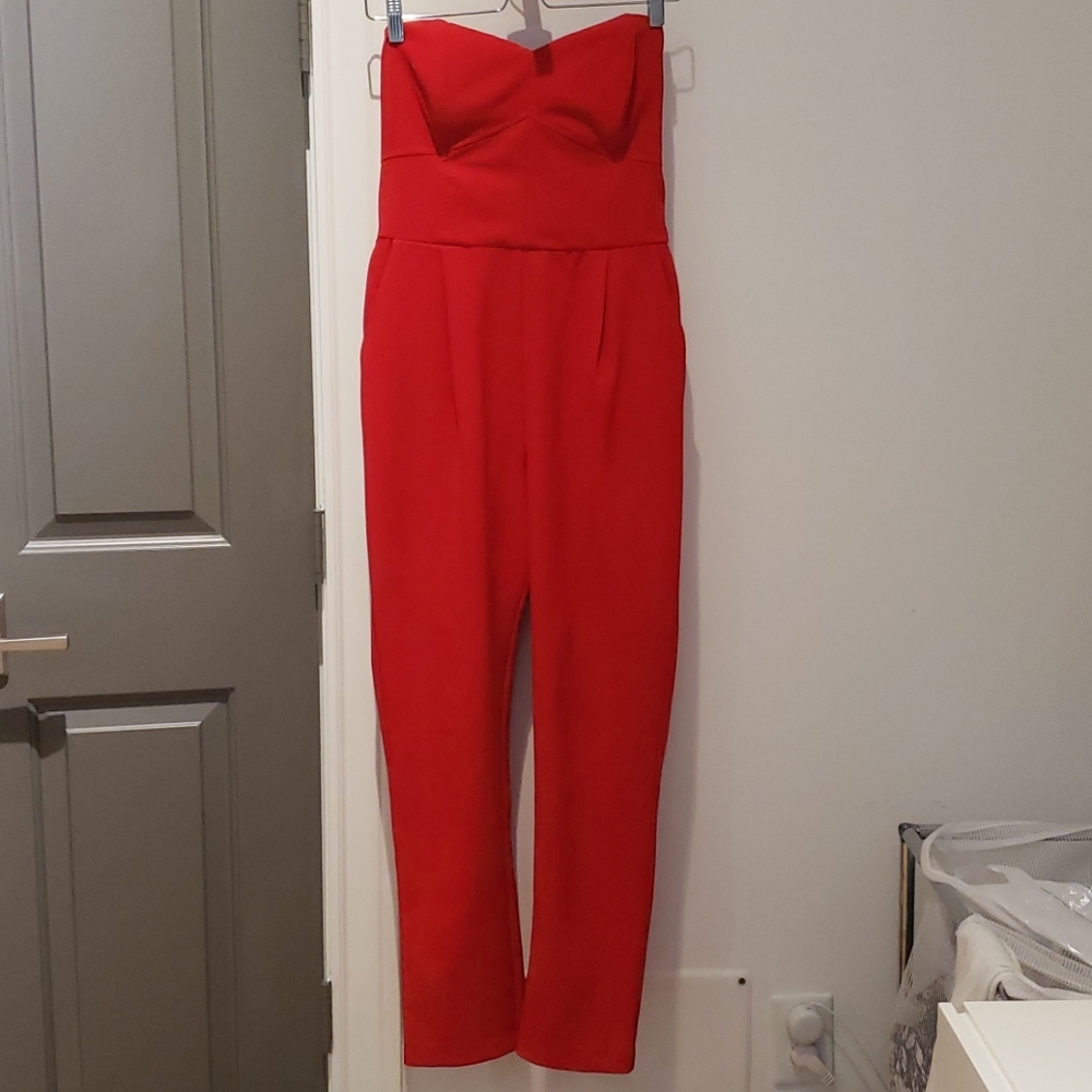Red strapless jumpsuit